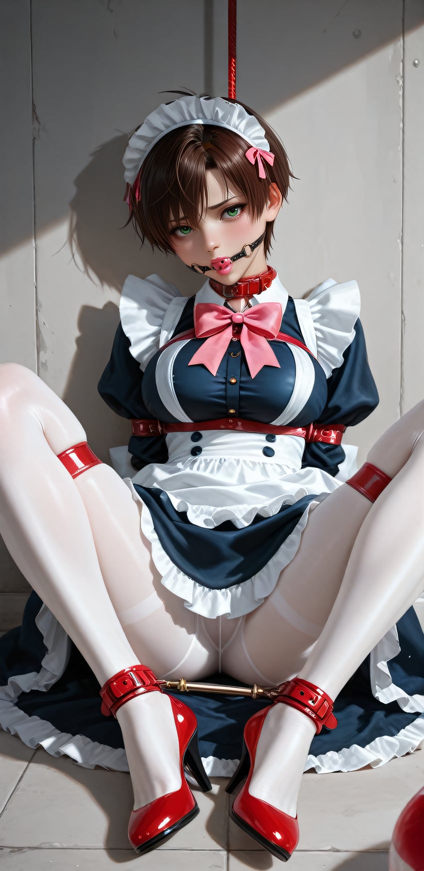 1boy, alternate_costume, alternate_hairstyle, apron, ball_gag, bdsm, black_dress, blue_sleeves, bondage, bound, bound_ankles, bound_arms, bound_legs, bow, bowtie, breast_padding, brown_hair, collar, crossdressing, day, dress, gag, gamaz, green_eyes, high_heels, kono_subarashii_sekai_ni_shukufuku_wo!, leash, light, long_sleeves, maid, maid_apron, maid_headdress, makeup, malesub, non-web_source, on_floor, otoko_no_ko, pantyhose, pink_bow, pink_bowtie, puffy_short_sleeves, puffy_sleeves, red_collar, red_footwear, reflection, satou_kazuma, self-upload, shadow, short_hair, short_sleeves, spread_legs, white_pantyhose