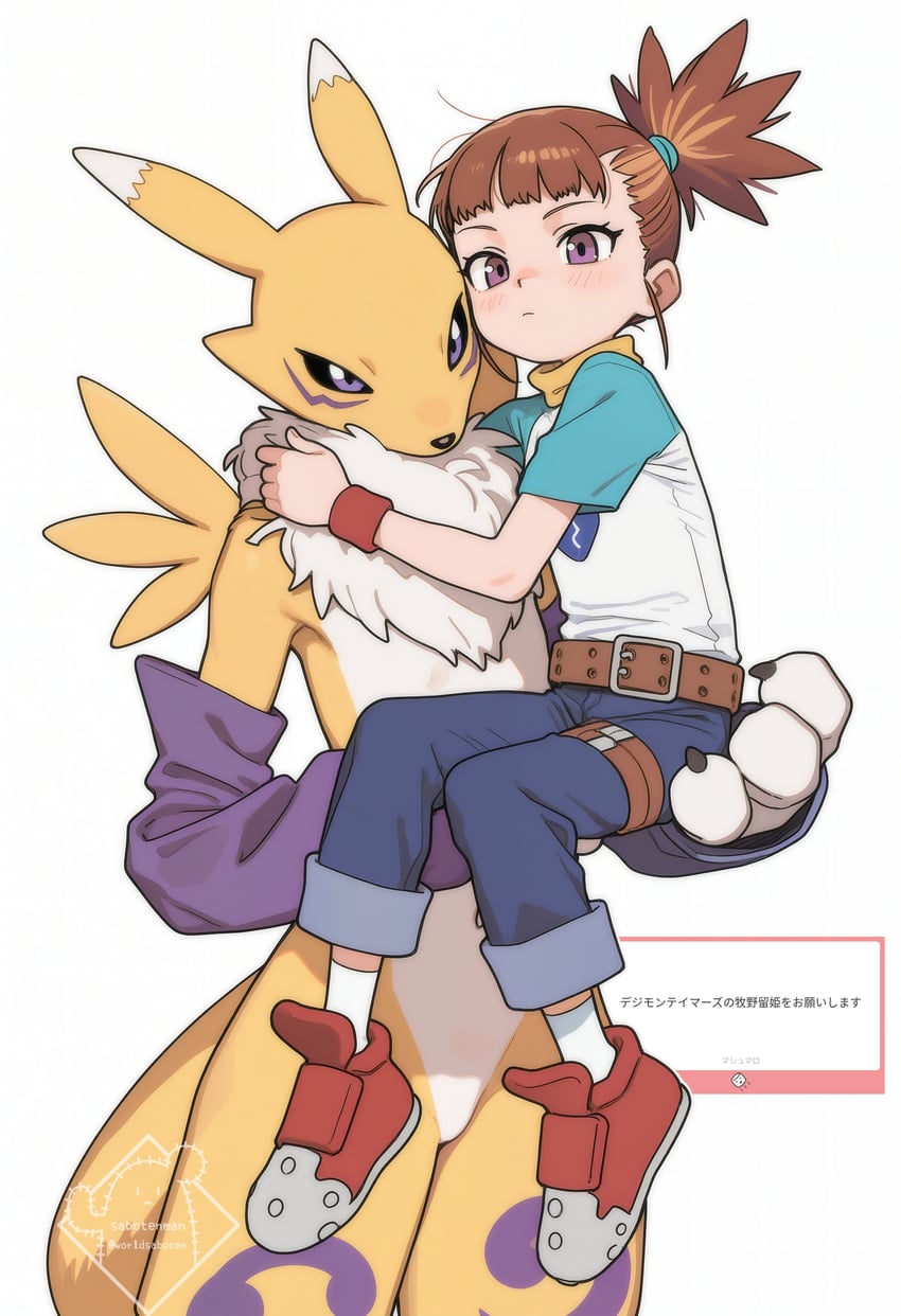 1girl, absurdres, belt, black_sclera, body_fur, brown_hair, carrying, carrying_person