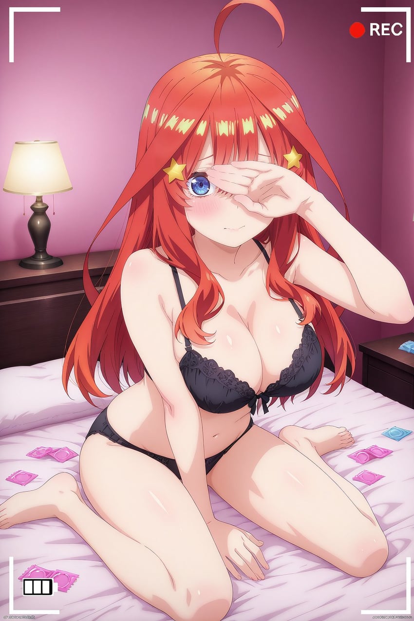 1girl, ahoge, ankorodo, bangs, bare_arms, bare_legs, bare_shoulders, bedroom