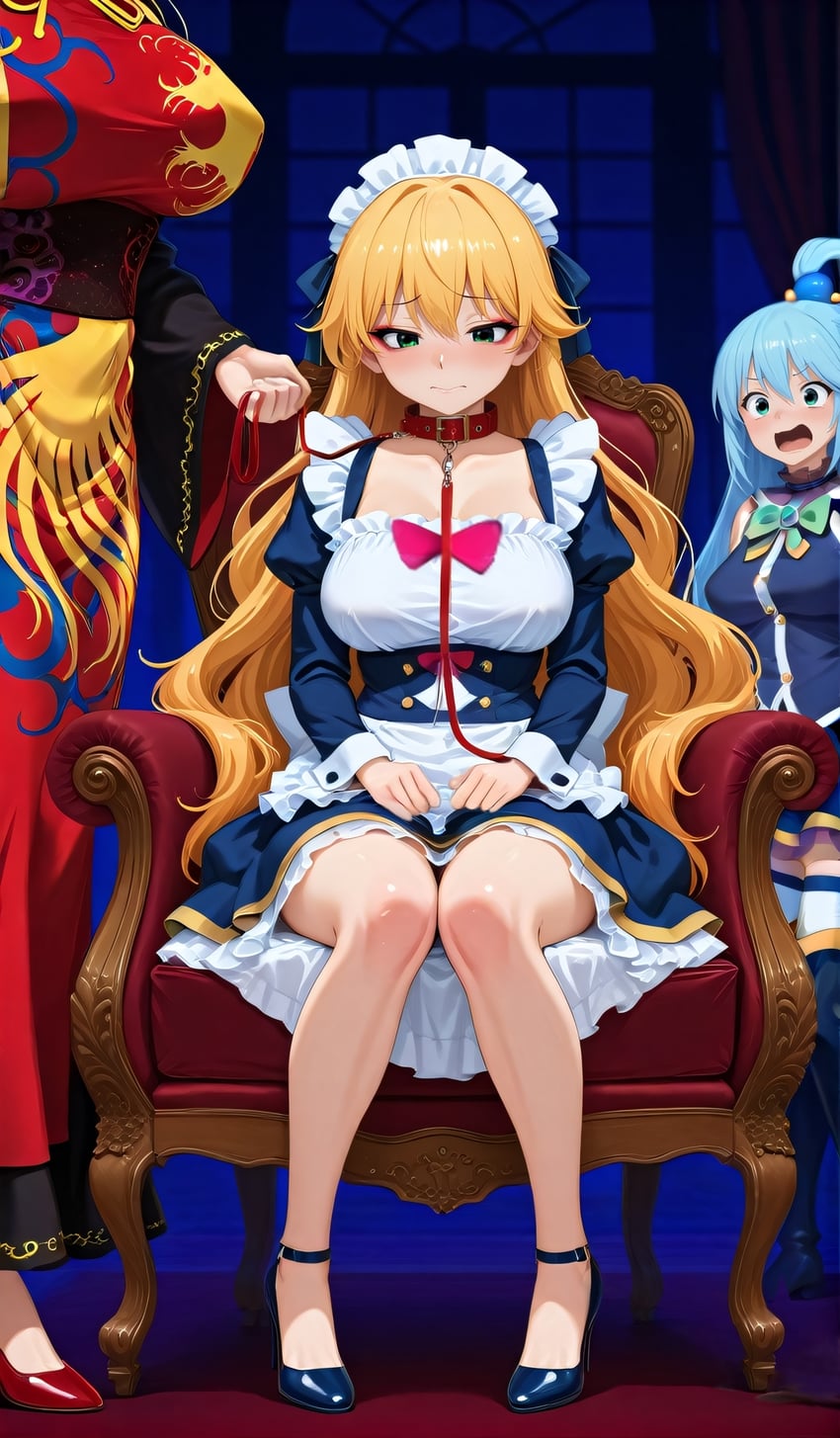 1boy, 2girls, alternate_costume, alternate_hair_color, alternate_hair_length, alternate_hairstyle, apron, aqua_(konosuba)