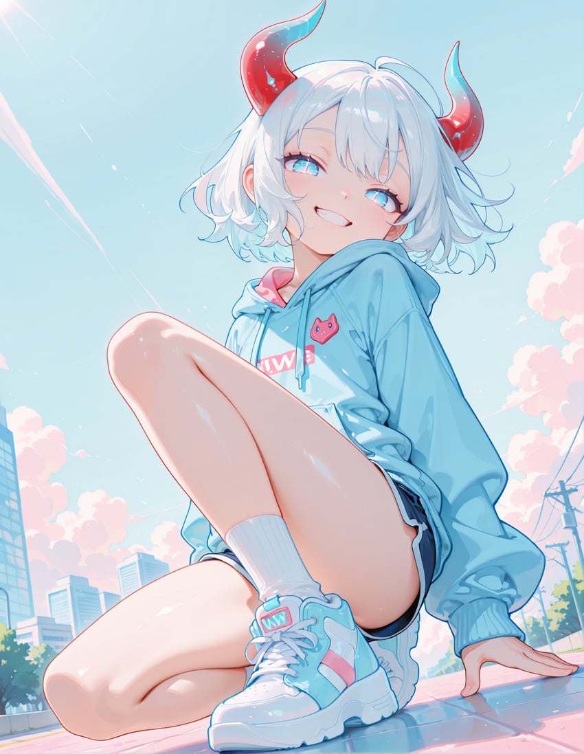 1girl, arm_support, blue_eyes, blue_footwear, blue_hoodie, blue_shorts, blue_sky, building