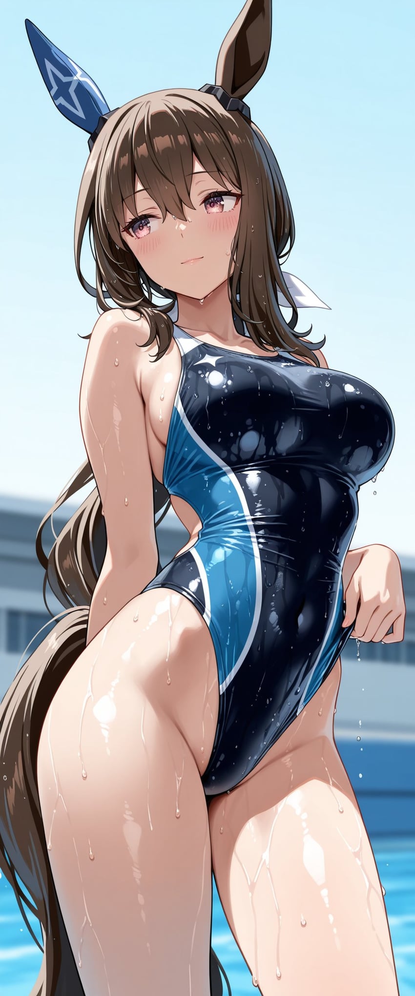 1girl, admire_vega_(umamusume), animal_ears, arm_behind_back, black_one-piece_swimsuit, blue_one-piece_swimsuit, blush, breasts
