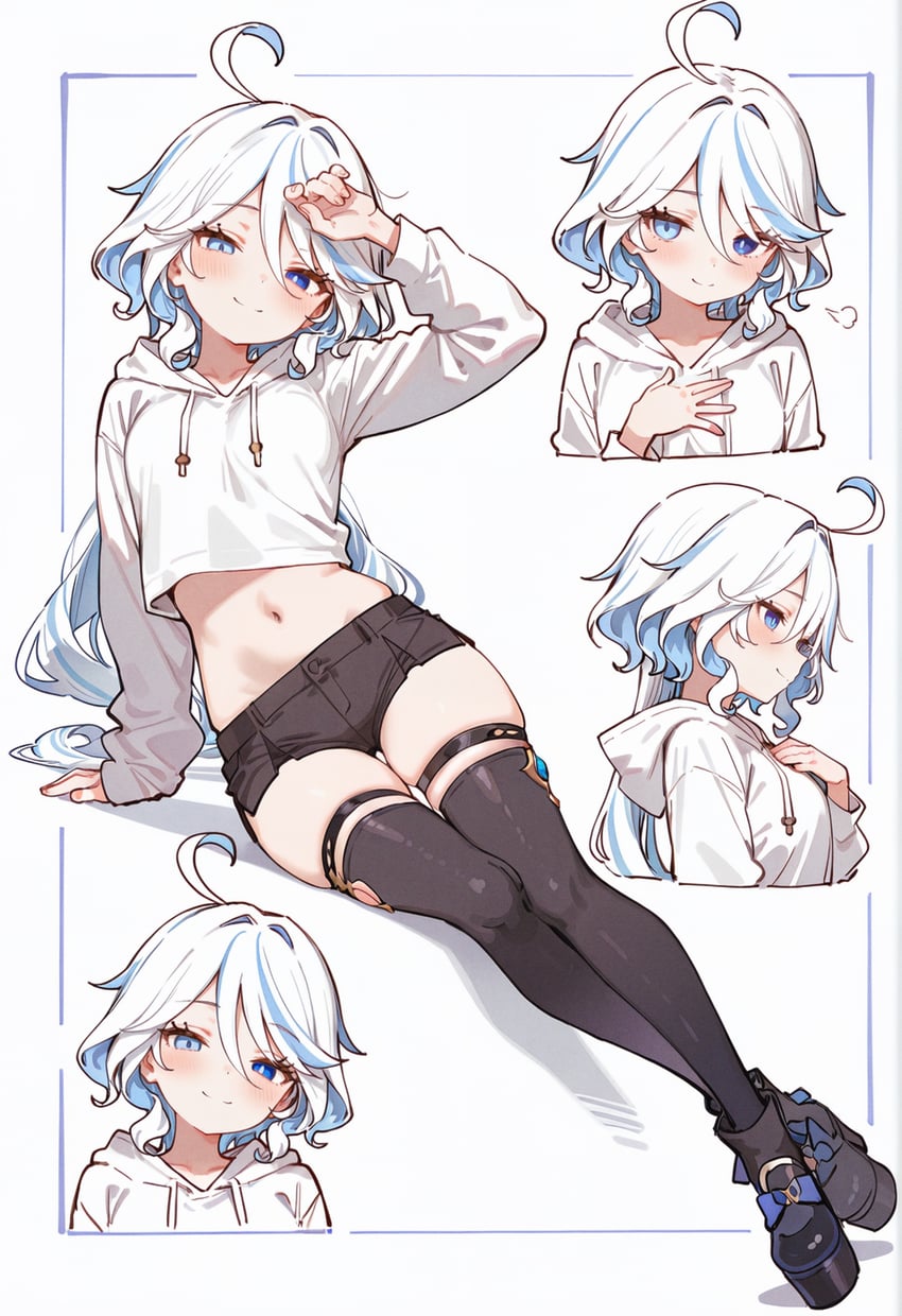 1girl, ahoge, aiunajyu, arm_support, arm_up, black_footwear, black_thighhighs, blue_eyes