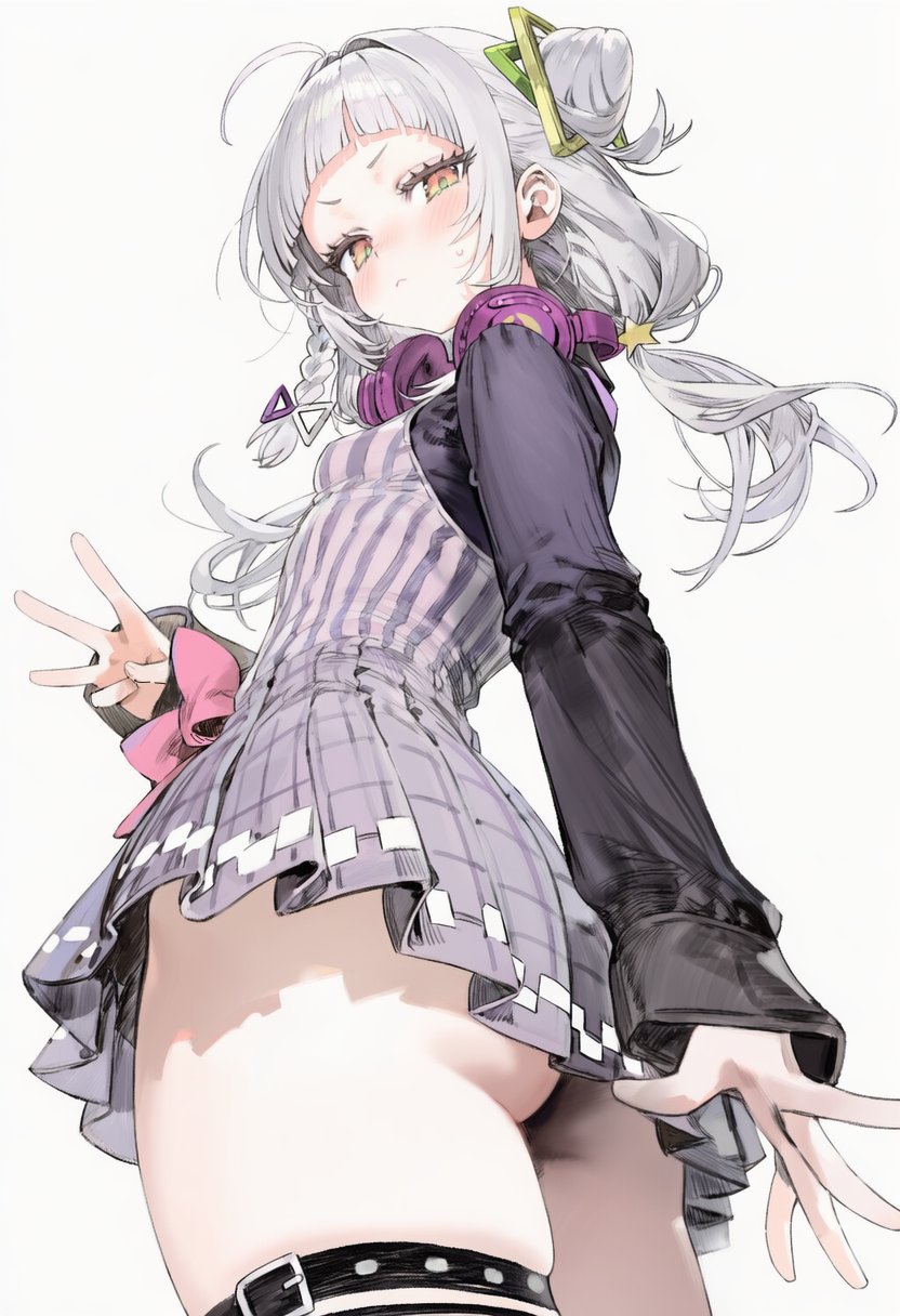 1girl, ass, blush, bow, braid, breasts, bubu2kufo, cone_hair_bun, grey_hair, hair_bun, hair_ornament, headphones, headphones_around_neck, hololive, long_hair, long_sleeves, looking_at_viewer, murasaki_shion, pink_bow, plaid, plaid_skirt, pleated_skirt, purple_shirt, purple_skirt, shirt, simple_background, skirt, small_breasts, solo, striped, striped_shirt, thigh_strap, two-tone_shirt, vertical-striped_shirt, vertical_stripes, virtual_youtuber, white_background, yellow_eyes