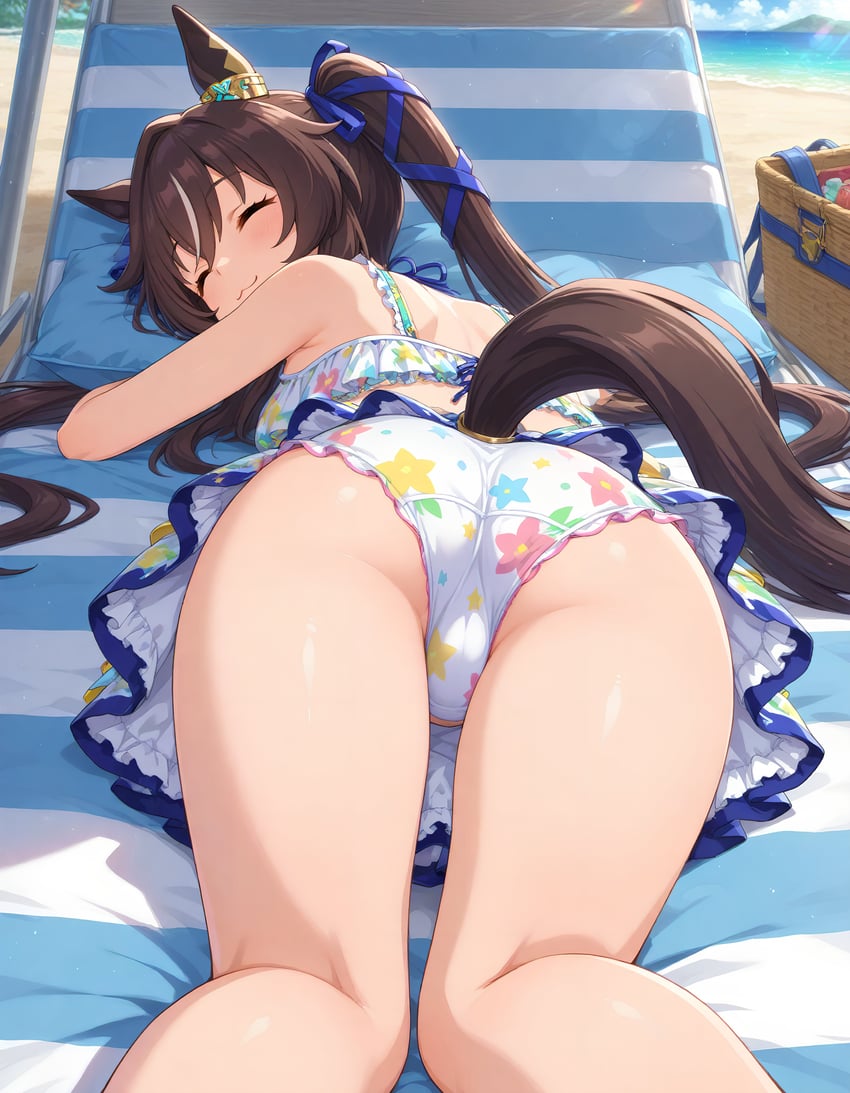 1girl, :3, absurdres, animal_ears, armpit_crease, ass, bangs, basket, beach, beach_chair, bikini, bikini_skirt, blue_ribbon, brown_hair, brown_tail, closed_eyes, closed_mouth, commentary_request, day, ear_ornament, eyebrows_visible_through_hair, feet_out_of_frame, floral_print, frilled_bikini, frilled_skirt, frills, from_behind, hair_ribbon, hair_spread_out, head_on_pillow, highres, horse_ears, horse_girl, horse_tail, incredibly_absurdres, japanese_commentary, kneepits, long_hair, lying, metadata_request, miniskirt, model_request, on_stomach, outdoors, pillow, ribbon, skirt, solo, swimsuit, tail, teiru000teiru, twintails, umamusume, vivlos_(umamusume), white_bikini, white_skirt, white_streaks