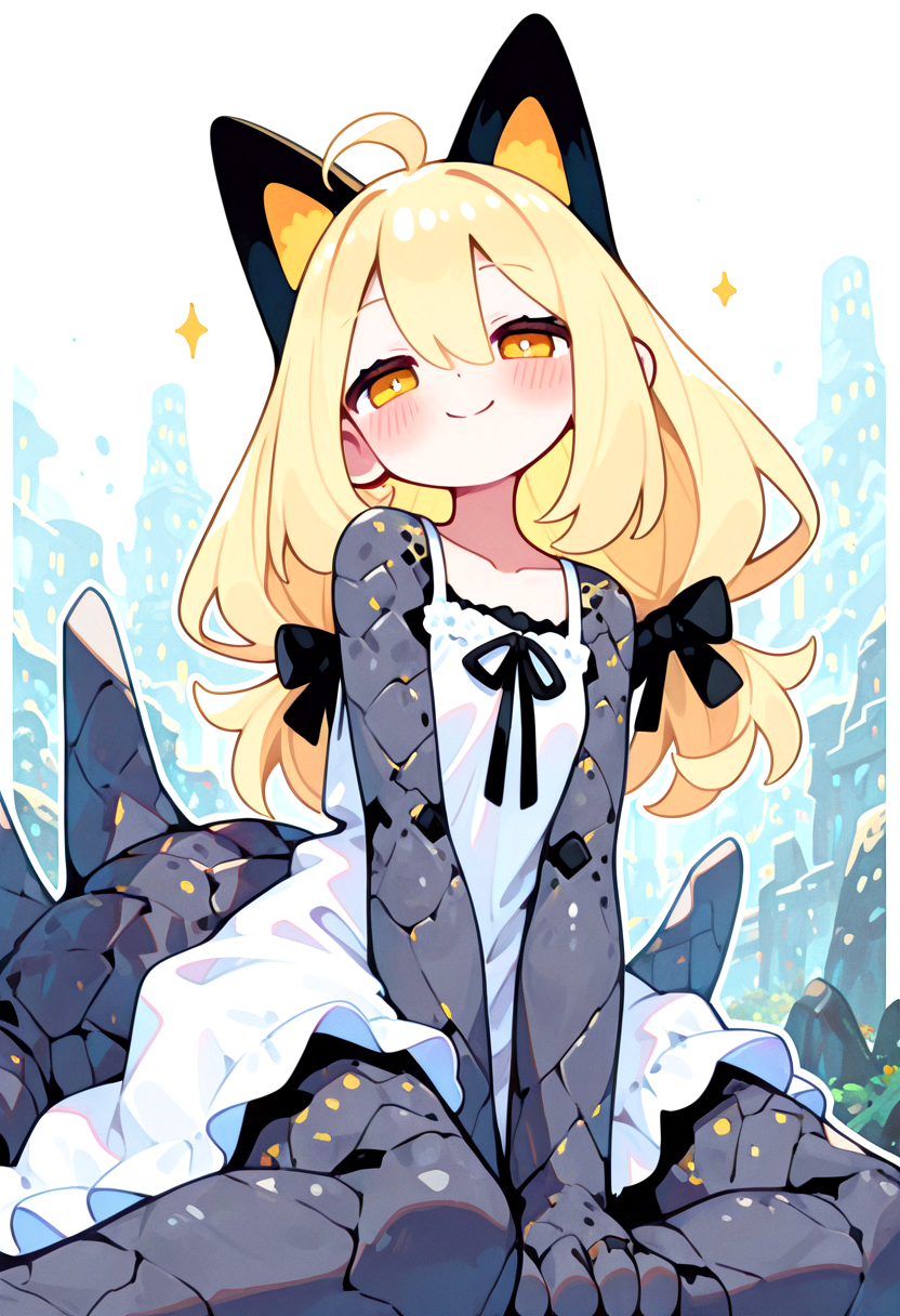 1girl, ahoge, bangs, blonde_hair, blush, bright_pupils, child, collarbone, colored_skin, day, dress, dress_ribbon, exlight, extra_ears, feet_out_of_frame, golem, grey_skin, hair_between_eyes, half-closed_eyes, head_tilt, long_hair, looking_at_viewer, lora, low_twintails, mixed_limbs, monster_girl, non-web_source, original, outdoors, plant_milk, self-upload, sidelocks, sitting, smile, solo, sparkle, stone, sundress, tail, twintails, v_arms, white_dress, white_pupils, yellow_eyes, yokozuwari