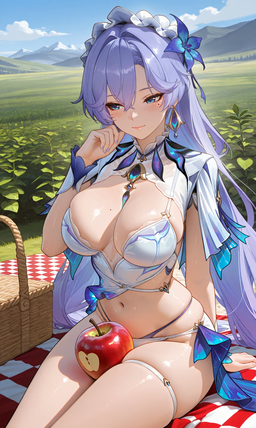 1girl, absurdres, apple, basket, blue_eyes, breasts, cantarella_(wuthering_waves), colar