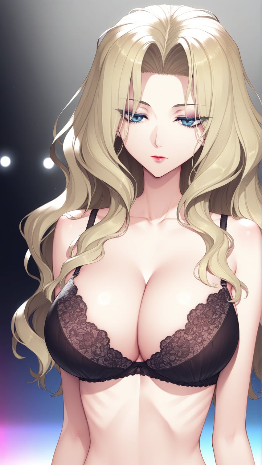 1girl, bare_shoulders, black_bra, blonde_hair, blue_eyes, bra, breasts, cleavage