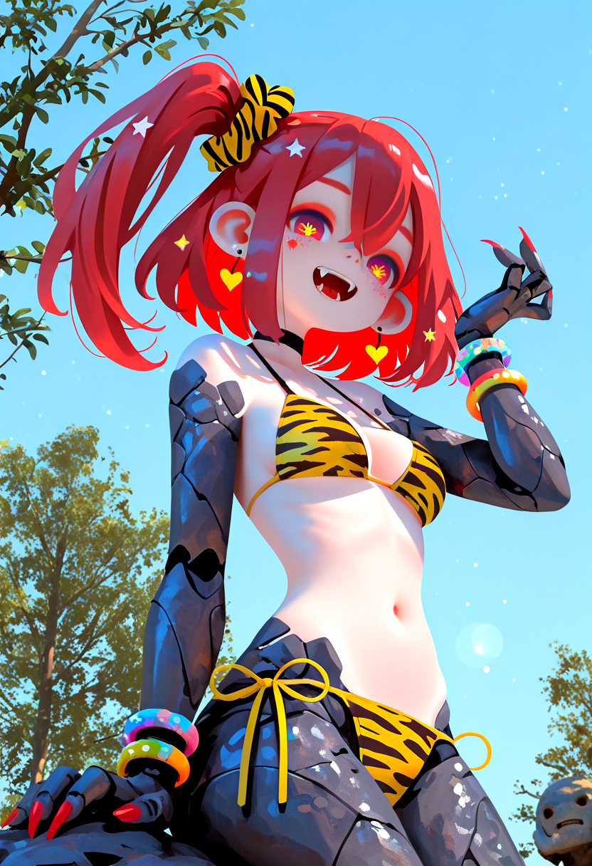 1girl, :d, animal_print, arm_support, bangle, bangs, bikini, black_choker, blue_sky, blush, bracelet, breasts, choker, colored_skin, commentary, cowboy_shot, crossed_bangs, day, earrings, english_commentary, exlight, fangs, fingernails, first-party_edit, from_below, golem, grey_skin, hair_ornament, hand_up, heart, heart_earrings, jewelry, long_fingernails, looking_at_viewer, looking_down, lora, medium_breasts, medium_hair, mixed_limbs, monster_girl, multiple_bracelets, navel, non-web_source, open_mouth, original, outdoors, plant_milk, print_bikini, red_eyeliner, red_eyes, red_hair, red_nails, scrunchie, self-upload, side-tie_bikini_bottom, side_ponytail, sidelocks, sitting, sky, smile, solo, star_(symbol), star_hair_ornament, string_bikini, swimsuit, tiger_print, tree, yellow_bikini, yellow_pupils, yellow_scrunchie