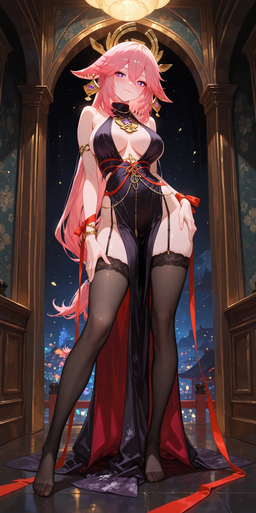 1girl, absurdres, aiwaifuart55378, bare_shoulders, black_dress, black_thighhighs, blush, breasts