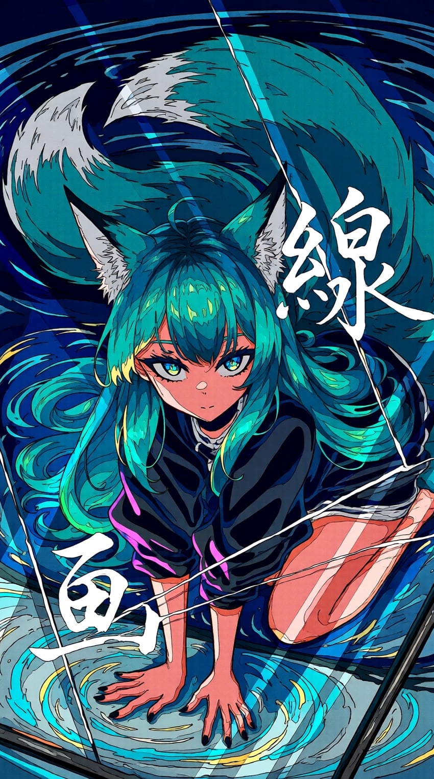 1girl, ahoge, all_fours, animal_ear_fluff, animal_ears, aqua_eyes, aqua_hair, aqua_tail