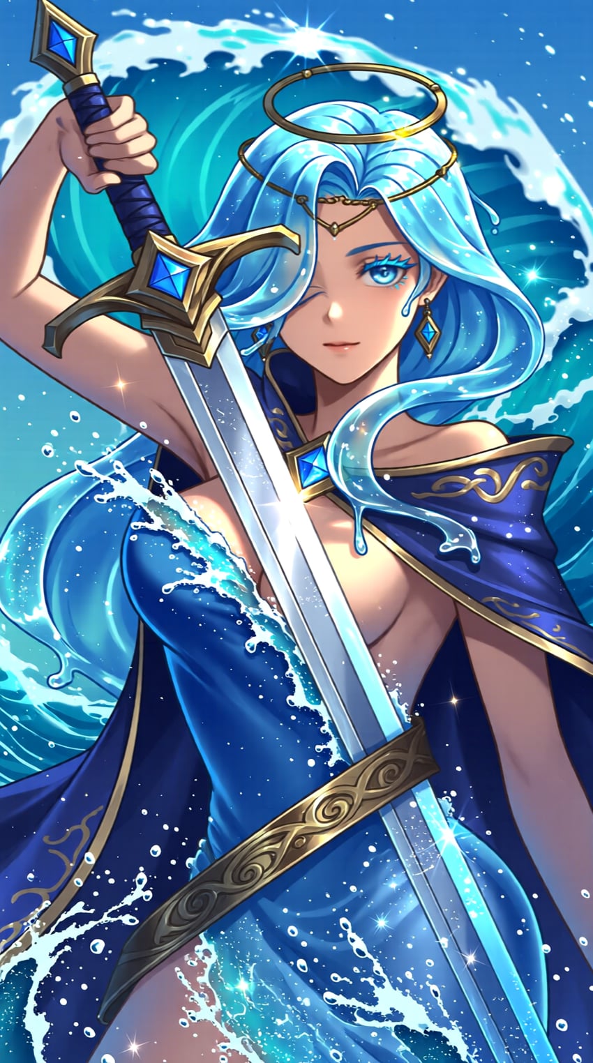 1girl, arm_up, bare_shoulders, blue_dress, blue_eyes, blue_hair, cape, collarbone