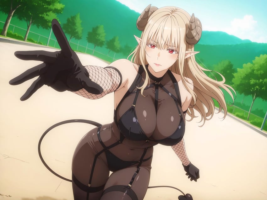 1girl, 2.5_jigen_no_ririsa, absurdres, bangs, black_gloves, blonde_hair, blush, breasts