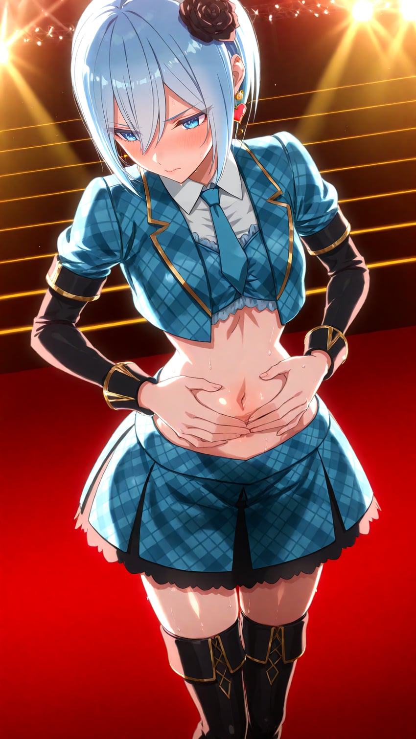 1girl, 2.5_jigen_no_ririsa, adetailer, blue_eyes, blue_hair, blue_necktie, blush, boots