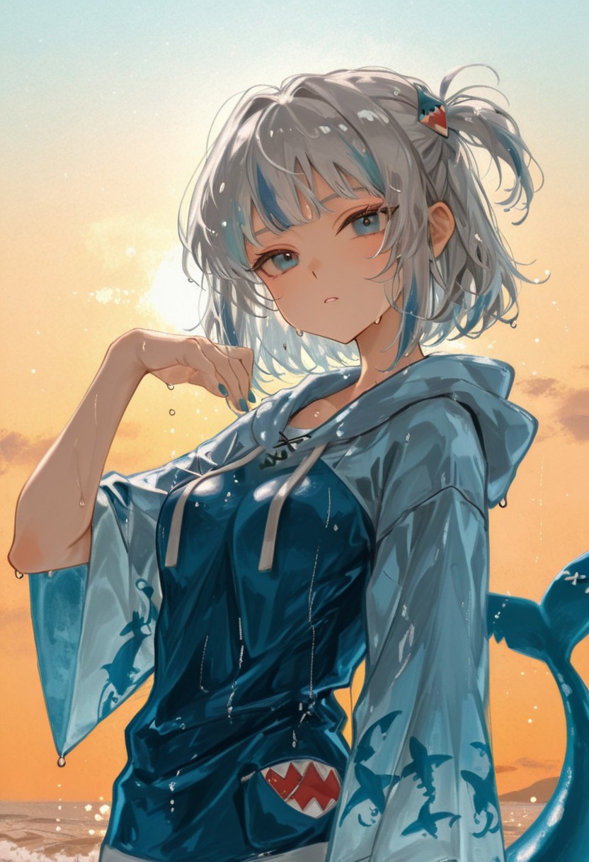 1girl, arm_up, bangs, blue_eyes, blue_hair, blue_hoodie, blue_nails, blush