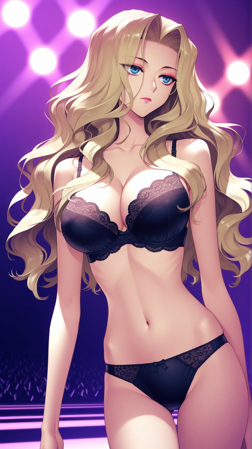 1girl, arms_at_sides, black_bra, black_panties, blonde_hair, blue_eyes, bra, breasts