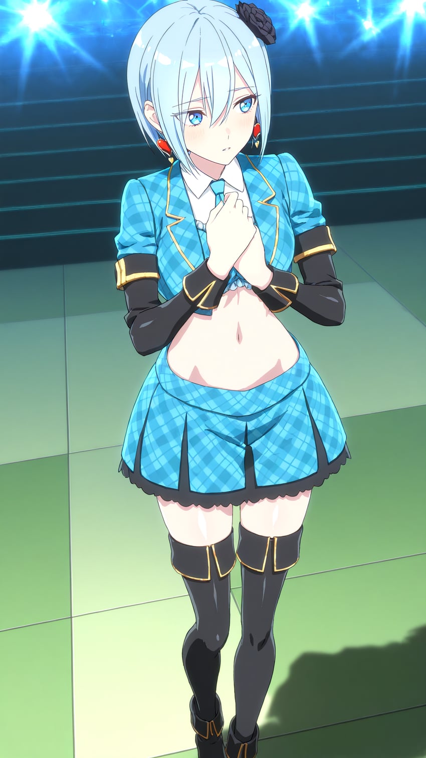 1girl, 2.5_jigen_no_ririsa, adetailer, blue_eyes, blue_hair, blue_necktie, blue_skirt, boots