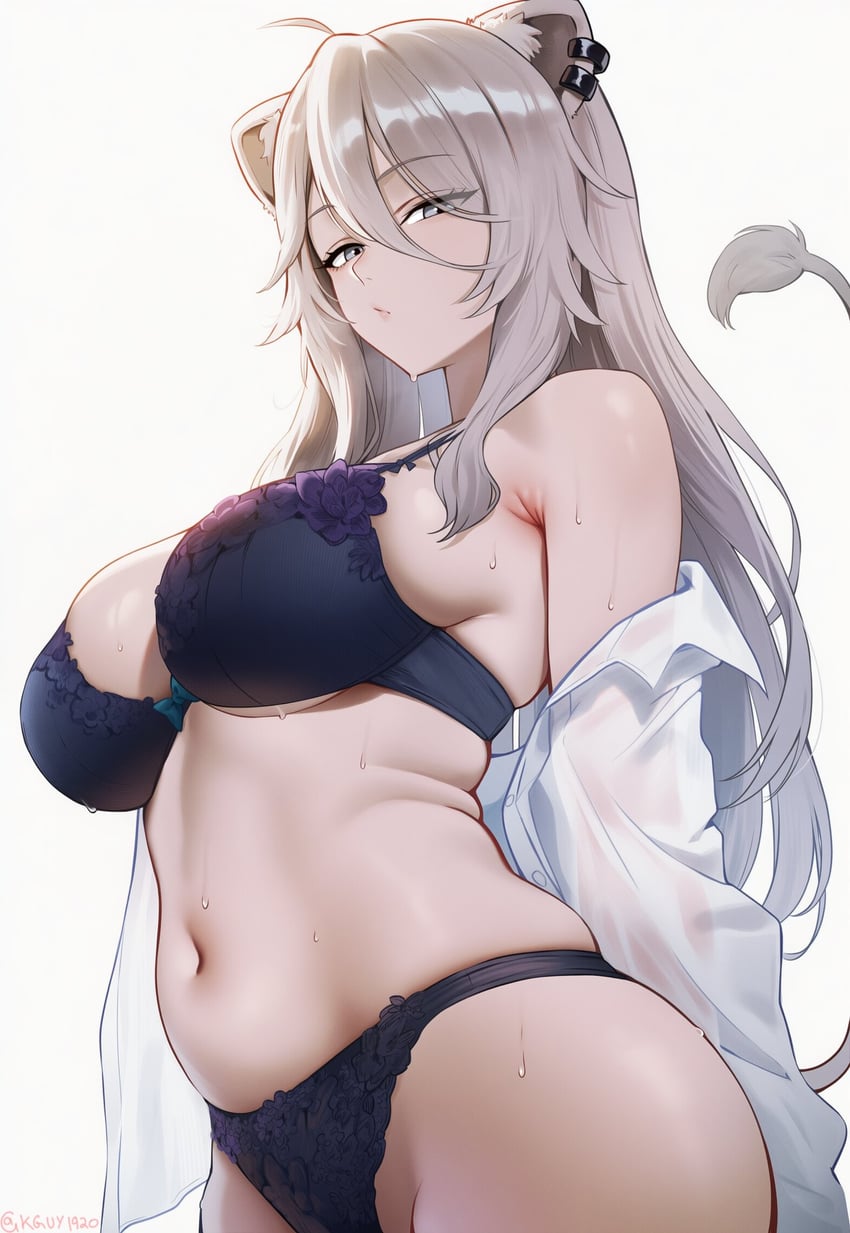 1girl, ahoge, animal_ear_piercing, animal_ears, bangs, blue_bra, blue_panties, blush