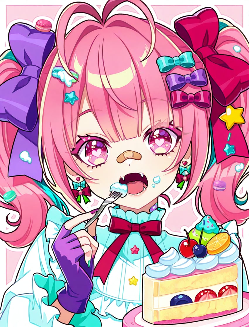 1girl, ahoge, antenna_hair, aqua_hair, aqua_nails, bandaid, bandaid_on_face, bandaid_on_neck, bandaid_on_nose, bangs, blueberry, blush, border, bow, bowtie, buttons, cake, cake_slice, cherry, colored_eyelashes, cyan_bow, earrings, eating, emilymars, fangs, fingerless_gloves, food, food_on_face, fork, frilled_shirt, frilled_shirt_collar, frills, fruit, gloves, hair_bow, hair_ornament, hairclip, head_tilt, heart, heart_in_eye, holding, icing, jewelry, long_sleeves, looking_at_viewer, lora, macaron, medium_hair, multicolored_hair, multicolored_nails, multiple_hair_bows, open_mouth, orange_(fruit), original, outline, outside_border, pink_background, pink_bow, pink_eyes, pink_hair, plate, purple_bow, purple_gloves, purple_nails, red_bow, self-upload, shirt, sidelocks, solo, star_(symbol), star_hair_ornament, strawberry, streaked_hair, symbol_in_eye, twintails, upper_body, white_shirt
