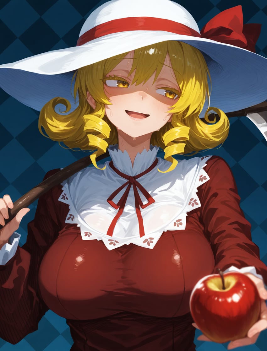 1girl, apple, blonde_hair, blue_background, blurry, blurry_foreground, bow, breasts