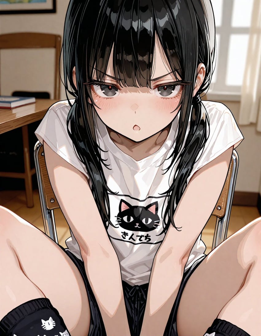 1girl, animal_print, bangs, black_eyes, black_hair, black_shorts, black_socks, blurry