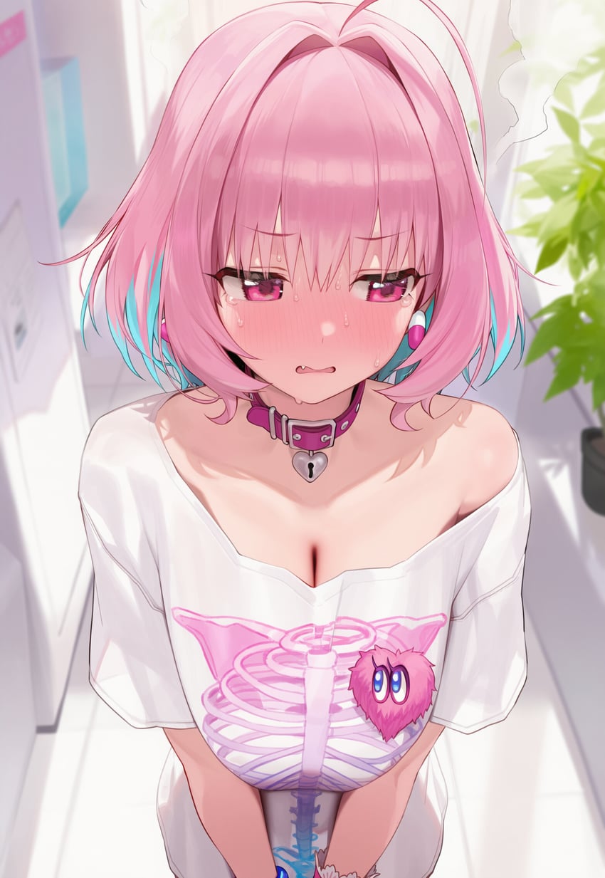 1girl, ahoge, aqua_hair, bangs, belt, belt_collar, blue_gk_(style), blurry