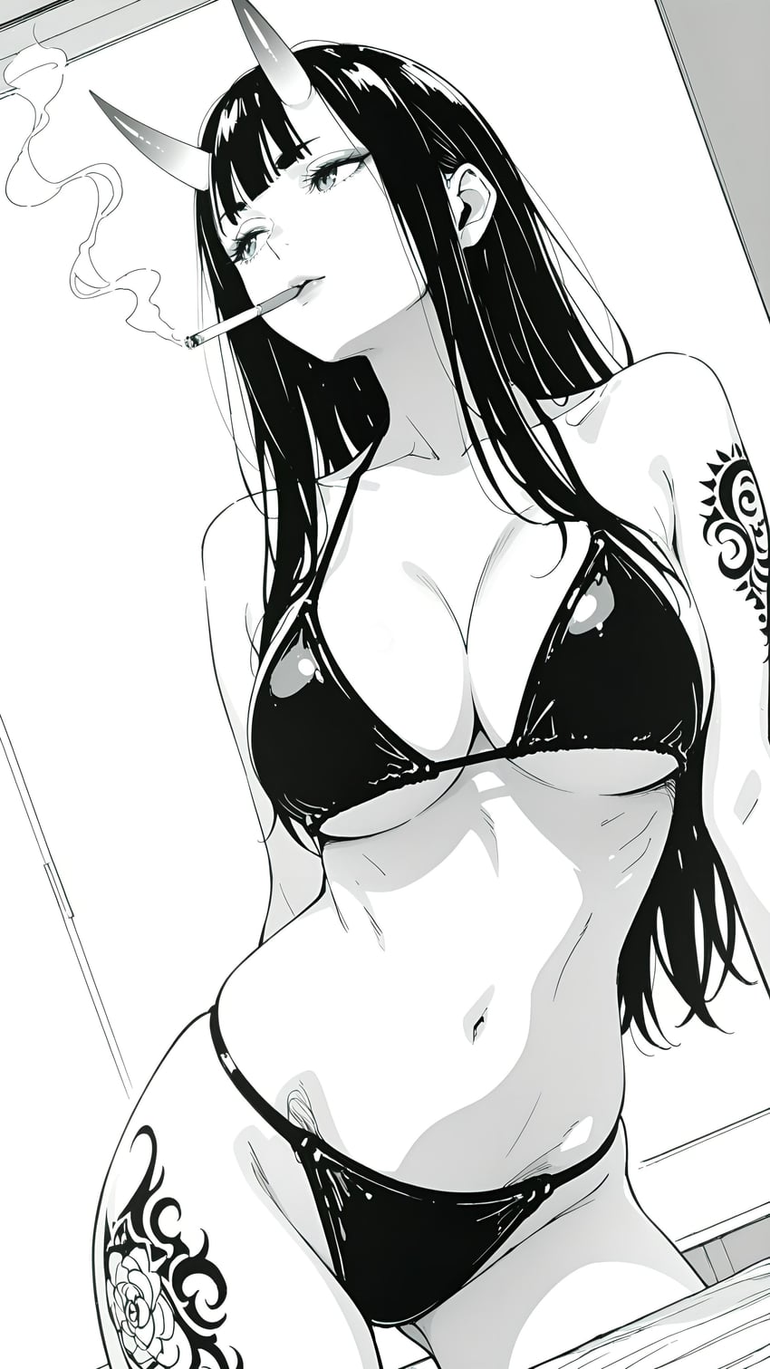 1girl, absurdres, arm_tattoo, bangs, bikini, blunt_bangs, breasts, cigarette, cleavage, collarbone, commentary, cowboy_shot, darkz, english_commentary, greyscale, groin, highres, horns, incredibly_absurdres, large_breasts, leg_tattoo, long_hair, looking_up, model_request, monochrome, navel, oni, original, shoulder_tattoo, skin-covered_horns, smoke, smoking, solo, standing, swimsuit, tattoo