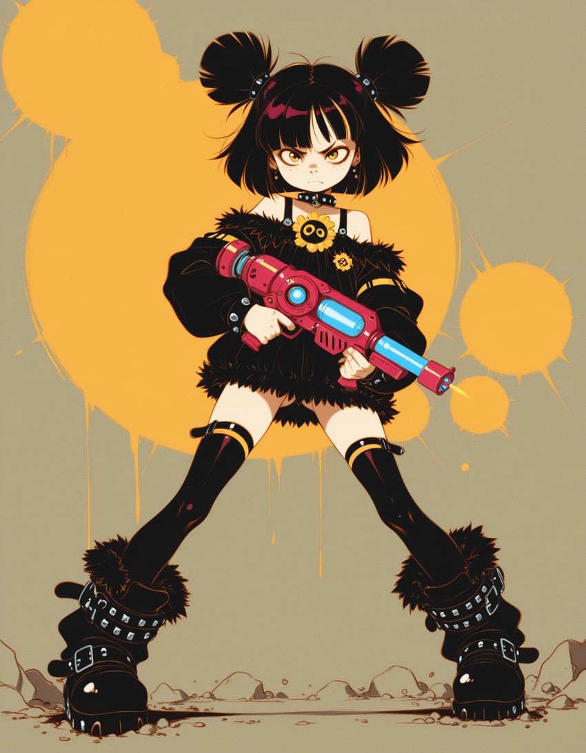 1girl, aiming, ass_visible_through_thighs, attack_stance, bangs, bare_shoulders, black_hair, blunt_bangs