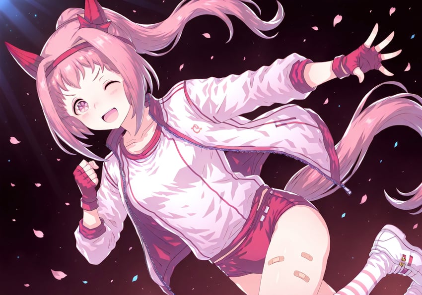 1girl, absurdres, animal_ears, buruma, extra_finger, froggydude, gym_jacket, hairband, haru_urara_(umamusume), headband, highres, horse_ears, horse_girl, horse_tail, incredibly_absurdres, looking_at_viewer, one_eye_closed, open_mouth, pink_eyes, pink_hair, pink_hairband, pink_stripes, red_buruma, smile, tail, umamusume