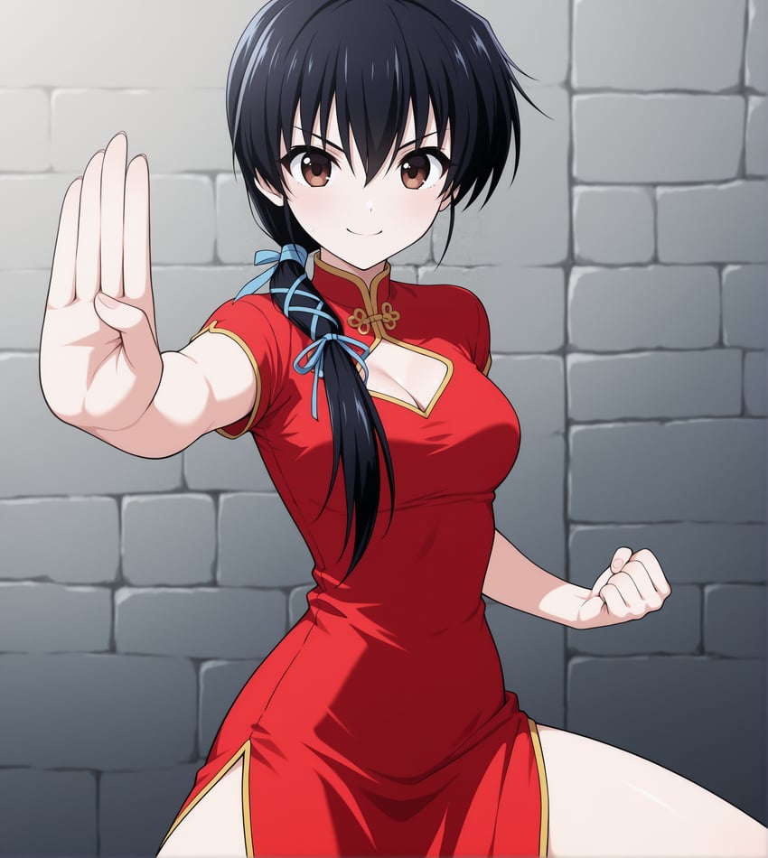 1girl, absurdres, adetailer, bangs, black_hair, blue_ribbon, breasts, brown_eyes