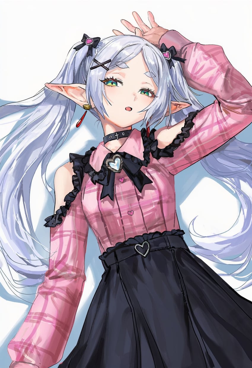 1girl, bare_shoulders, black_choker, choker, clothing_cutout, contemporary, drop_earrings, earrings