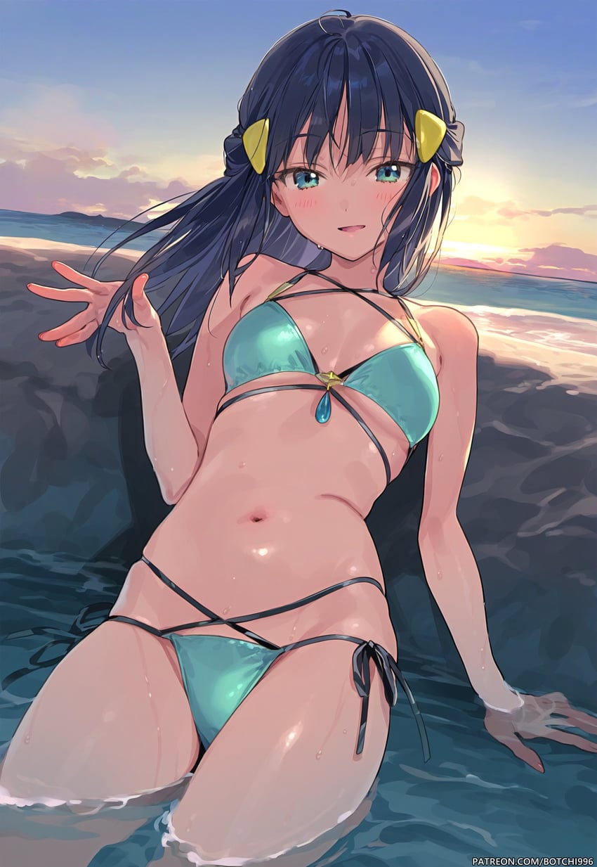 1girl, absurdres, aqua_bikini, armpit_crease, bikini, blue_gemstone, botchi996, breasts