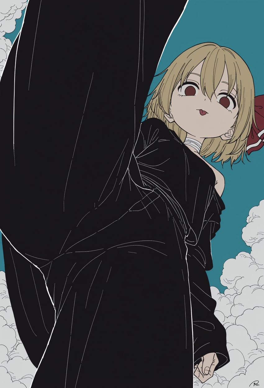 1girl, :p, absurdres, alternate_costume, bandaged_neck, bandages, bangs, black_pants