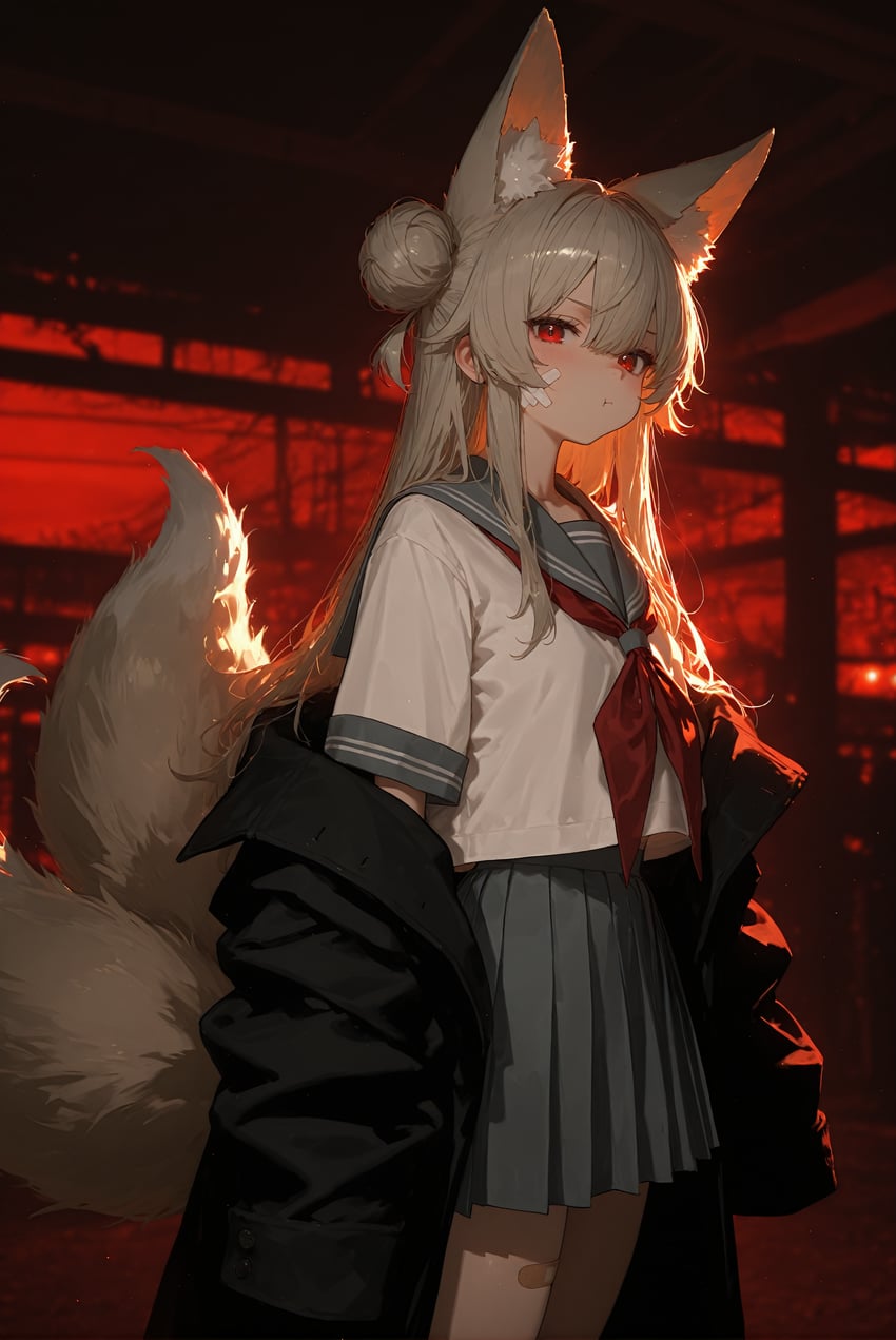 1girl, absurdres, animal_ear_fluff, animal_ears, bandaid, bandaid_on_face, bandaid_on_leg, bangs, blurry, blurry_background, brown_hair, closed_mouth, cowboy_shot, fox_ears, fox_girl, fox_tail, grey_sailor_collar, grey_skirt, hair_bun, highres, light_brown_hair, long_hair, looking_at_viewer, lora, multiple_tails, neckerchief, off_shoulder, open_clothes, original, outdoors, pleated_skirt, red_eyes, red_neckerchief, sailor_collar, school_uniform, serafuku, short_sleeves, single_hair_bun, skirt, solo, standing, tail, thighs, xiakezhiguang01