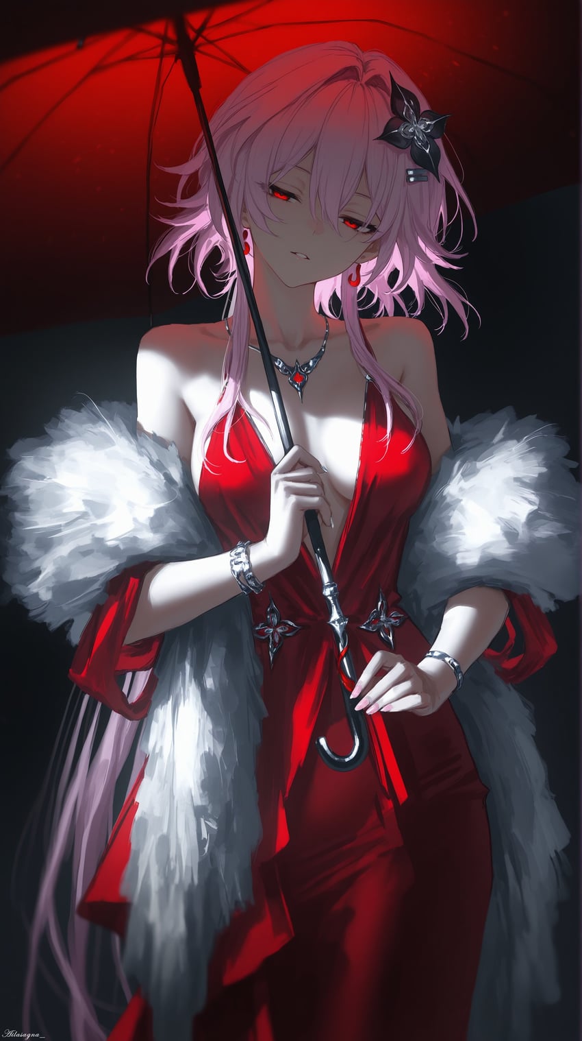 1girl, absurdres, ailasagna, artist_name, bare_shoulders, bracelet, breasts, cleavage