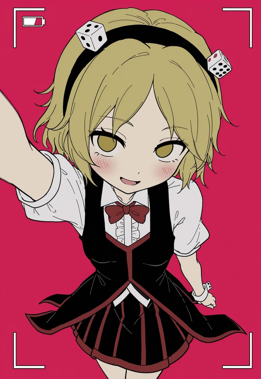 1girl, arm_up, bangs, black_hairband, black_skirt, black_vest, blonde_hair, blush