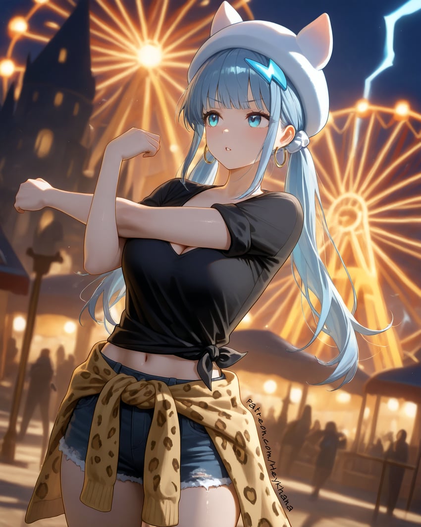 1girl, aerial_fireworks, animal_ears, animal_print, artist_request, bangs, belt, black_shirt