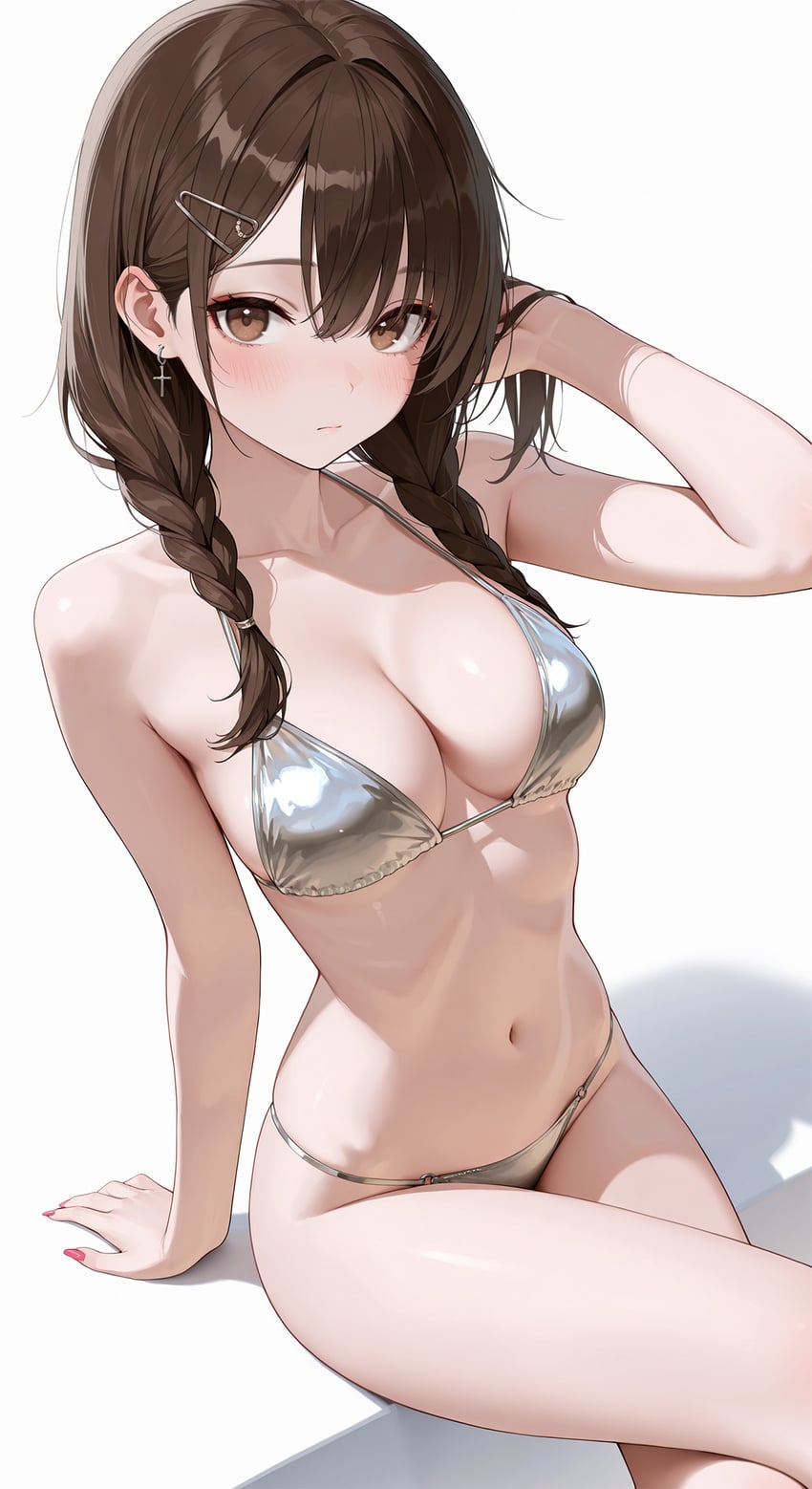 1girl, arm_support, bikini, blush, braid, breasts, brown_eyes, brown_hair