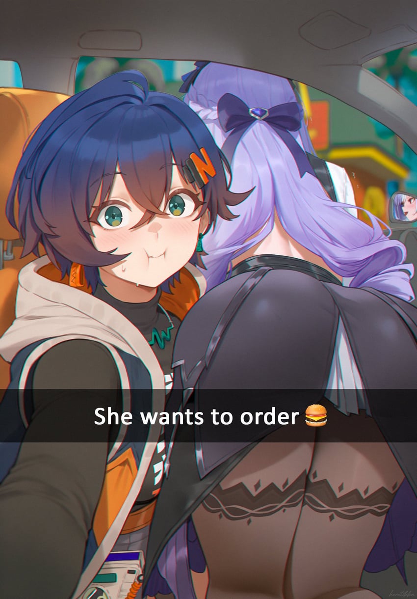 2girls, ass, bangs, belle_(zenless_zone_zero), black_dress, blue_hair, blush, bow