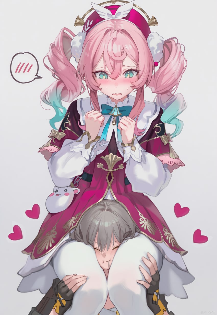 2girls, aqua_bow, aqua_bowtie, aqua_eyes, aqua_hair, black_gloves, blush, bow