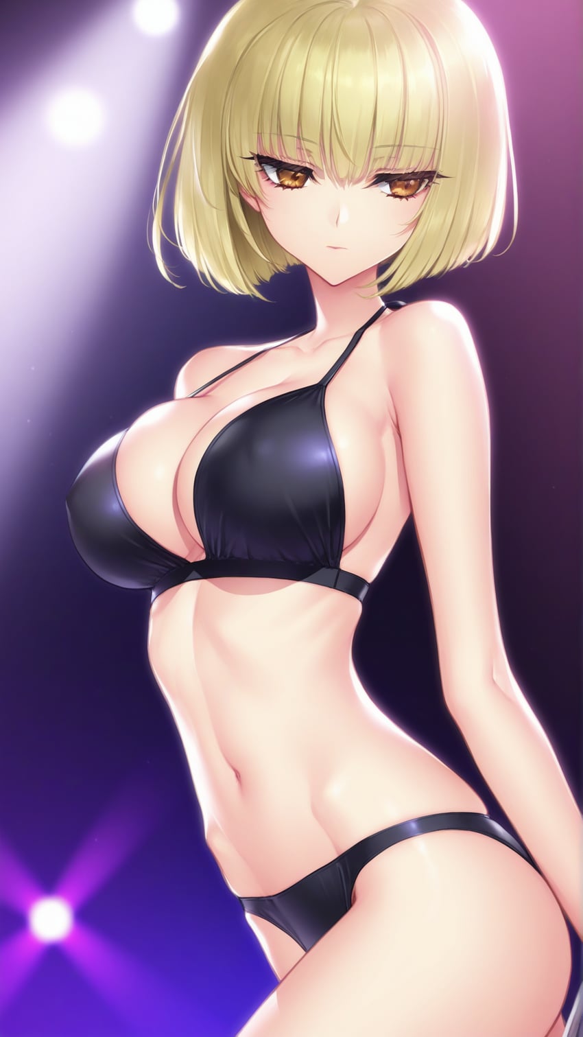 1girl, bangs, bikini, black_bikini, blonde_hair, blunt_bangs, bob_cut, breasts