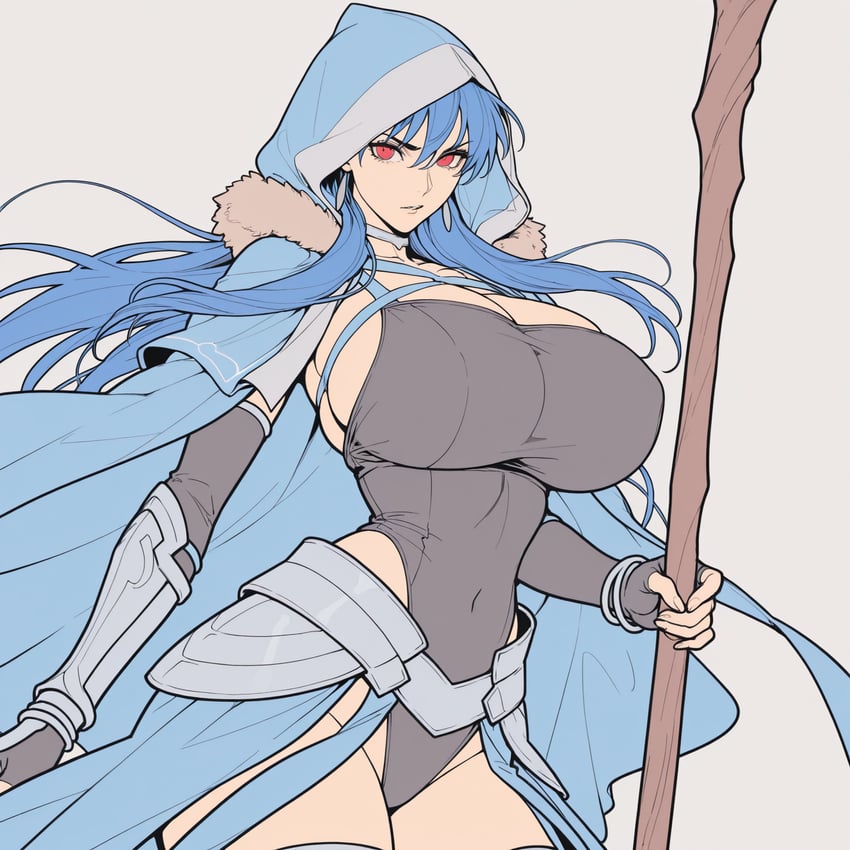 1girl, black_leotard, blue_hair, breasts, cape, chulainn, cleavage, comfyui, cu, cu_chulainn_(fate), earrings, fate/grand_order, fate_(series), flat_color, genderswap, highres, hood, huge_breasts, jewelry, leotard, long_hair, mage_staff, mobytheorc1111, non-web_source, red_eyes, self-upload, solo