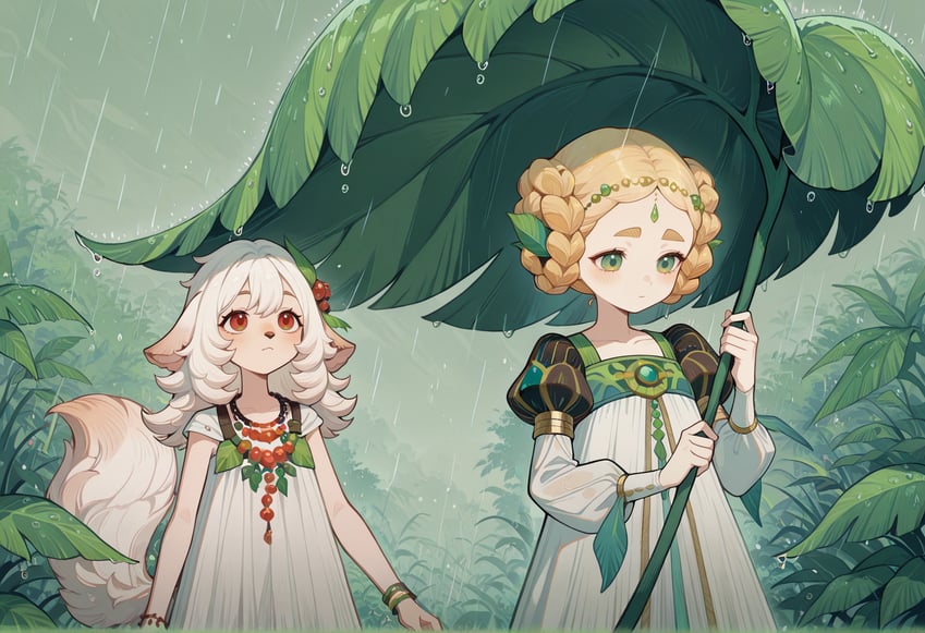 2girls, afk_journey, animal_ears, blonde_hair, dress, furry, furry_female, gala_(afk), green_eyes, hair_ornament, hewynn_(afk), indexxnecronomicom, jewelry, leaf_umbrella, lora, multiple_girls, outdoors, red_eyes, self-upload, tail, thick_eyebrows, wai-illustrious-sdxl