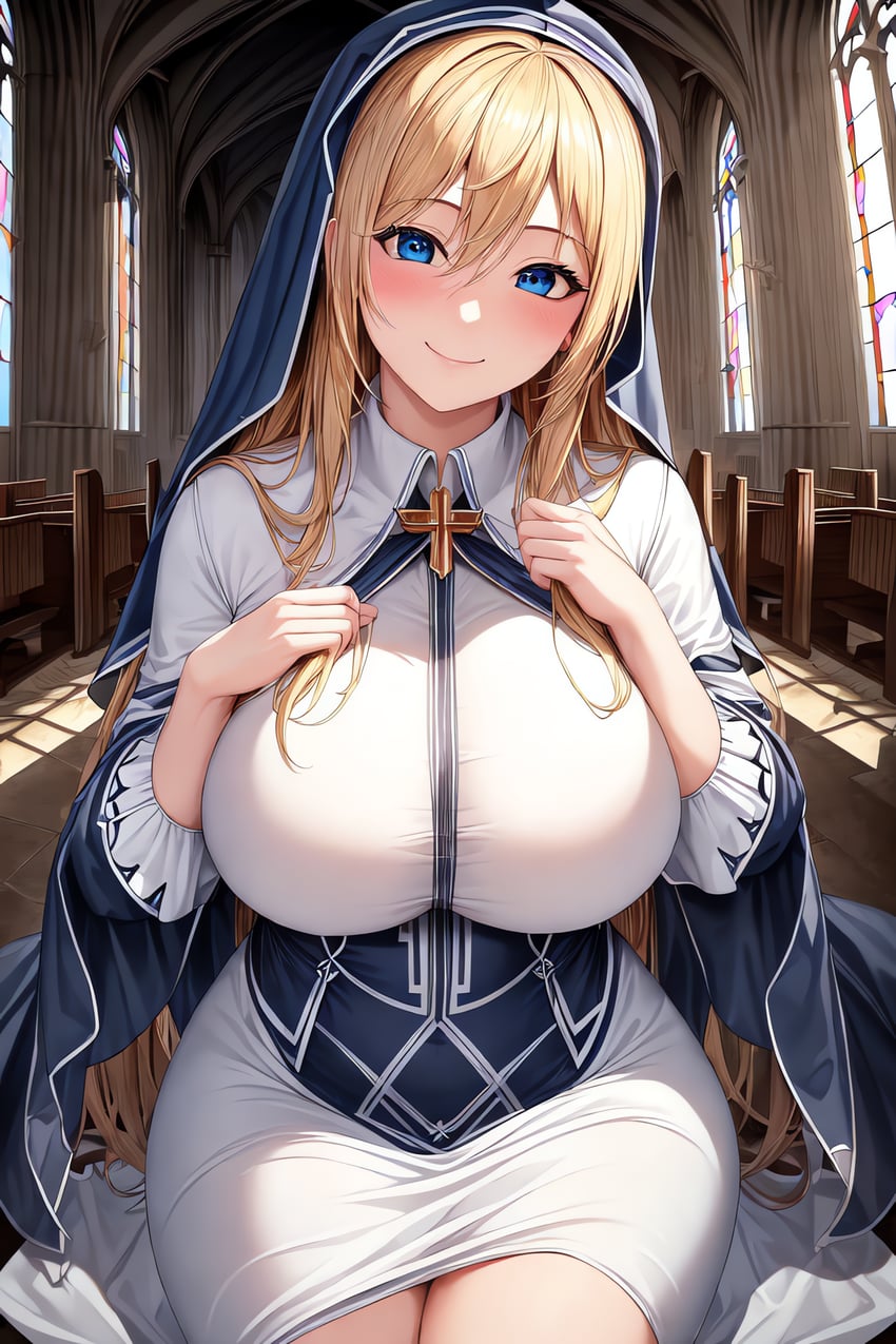 1girl, absurdres, ailovehigokko, bangs, blonde_hair, blue_eyes, blush, breasts