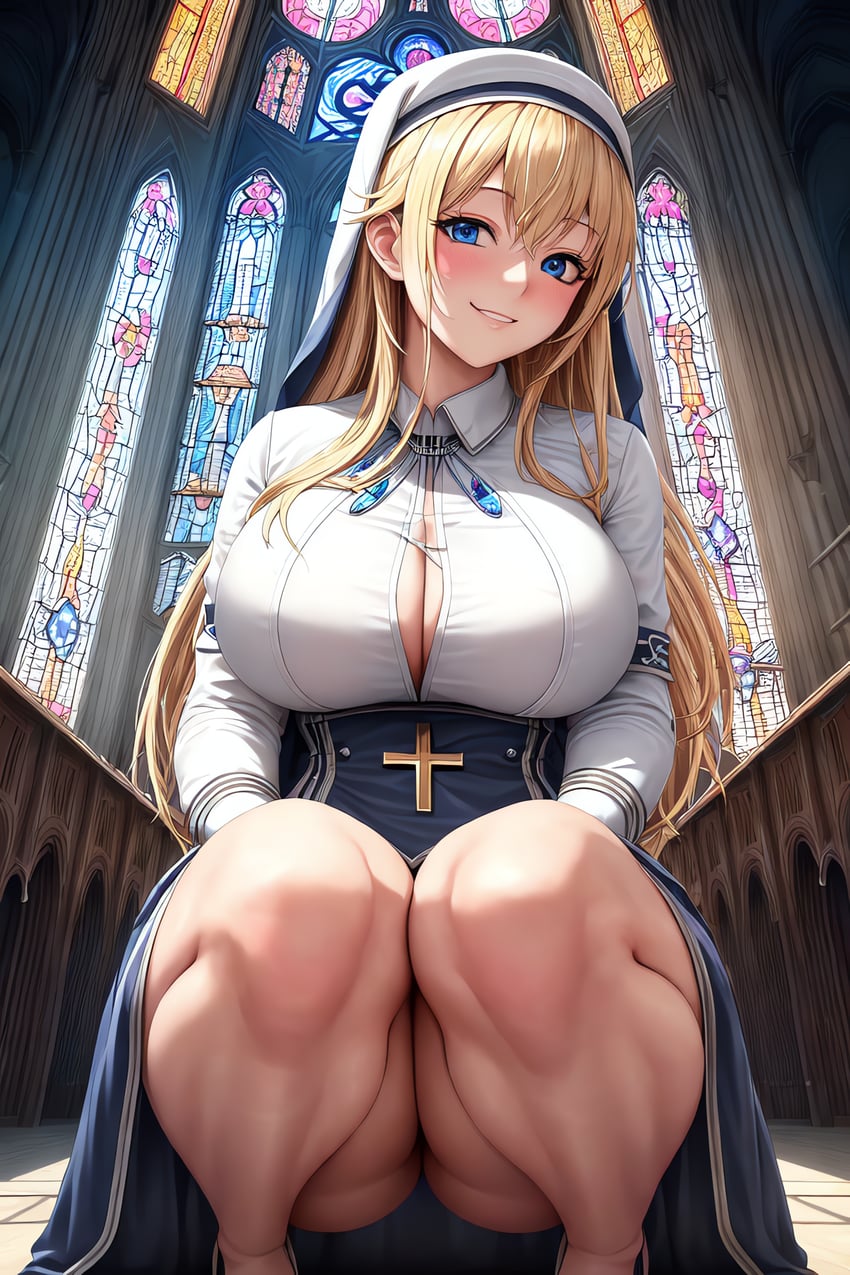 1girl, absurdres, ailovehigokko, blonde_hair, blue_eyes, blue_skirt, blush, breasts, church, cleavage, corset, cross, habit, high-waist_skirt, highres, incredibly_absurdres, large_breasts, long_hair, looking_at_viewer, metadata_request, model_request, nun, open_clothes, open_shirt, original, shirt, skirt, smile, solo, squatting, stained_glass, white_shirt, window