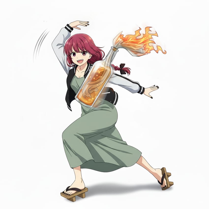 1girl, anime_girl_throwing_things_(meme), arm_up, black_bow, black_jacket, black_nails, bocchi_the_rock!, bow, breasts, cleavage, collarbone, commentary, dress, english_commentary, fingernails, fire, first-party_edit, from_side, geta, glass_bottle, google_gemini, green_dress, hair_bow, hiroi_kikuri, img2img, inpainted, jacket, long_dress, long_hair, long_sleeves, looking_at_viewer, low-braided_long_hair, low-tied_long_hair, meme, molotov_cocktail, motion_blur, motion_lines, multicolored_clothes, multicolored_jacket, n3_(aibooru), nail_polish, open_clothes, open_jacket, outstretched_arm, red_eyes, red_hair, sandals, self-upload, shadow, sharp_teeth, simple_background, solo, standing, teeth, toenails, two-tone_jacket, v-shaped_eyebrows, white_background, white_jacket