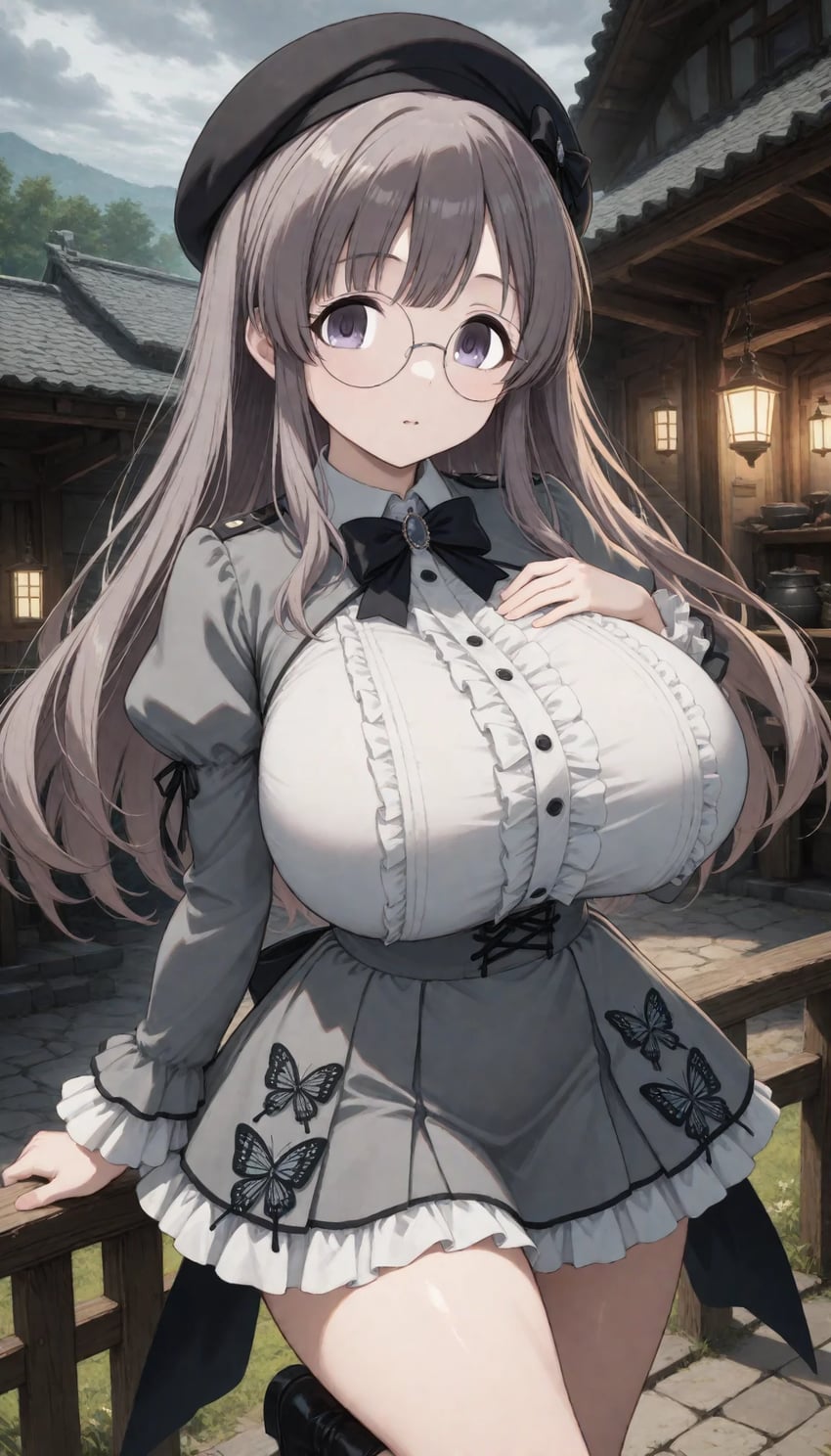 1girl, alternate_breast_size_(larger), anonymous_(japanese), beret, black_footwear, black_headwear, bow, breasts