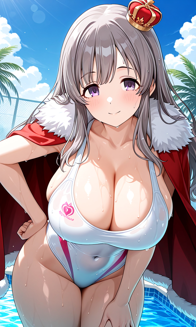 1girl, alternate_breast_size_(larger), anonymous_(japanese), bangs, blue_sky, blush, breasts, cape