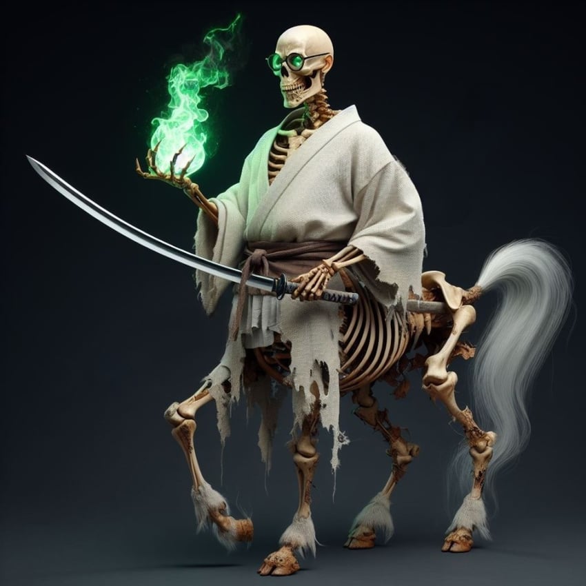 1boy, 3d, arm_up, bakotsu_(youkai), brown_sash, centaur, dark_background, english_commentary, ethanbaron_v._nusjuro, fire, full_body, glasses, green_fire, holding, holding_sword, holding_weapon, horror_(theme), japanese_clothes, kimono, male_focus, one_piece, rice2004, skeleton, solo, sword, taur, torn_clothes, weapon, white_kimono