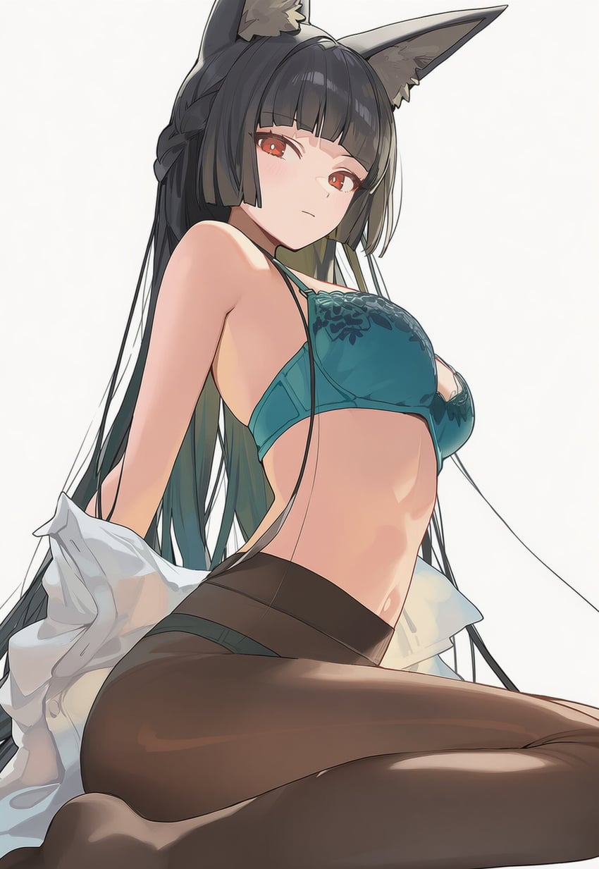 1girl, animal_ear_fluff, animal_ears, aqua_bra, bangs, black_hair, blunt_bangs, bra